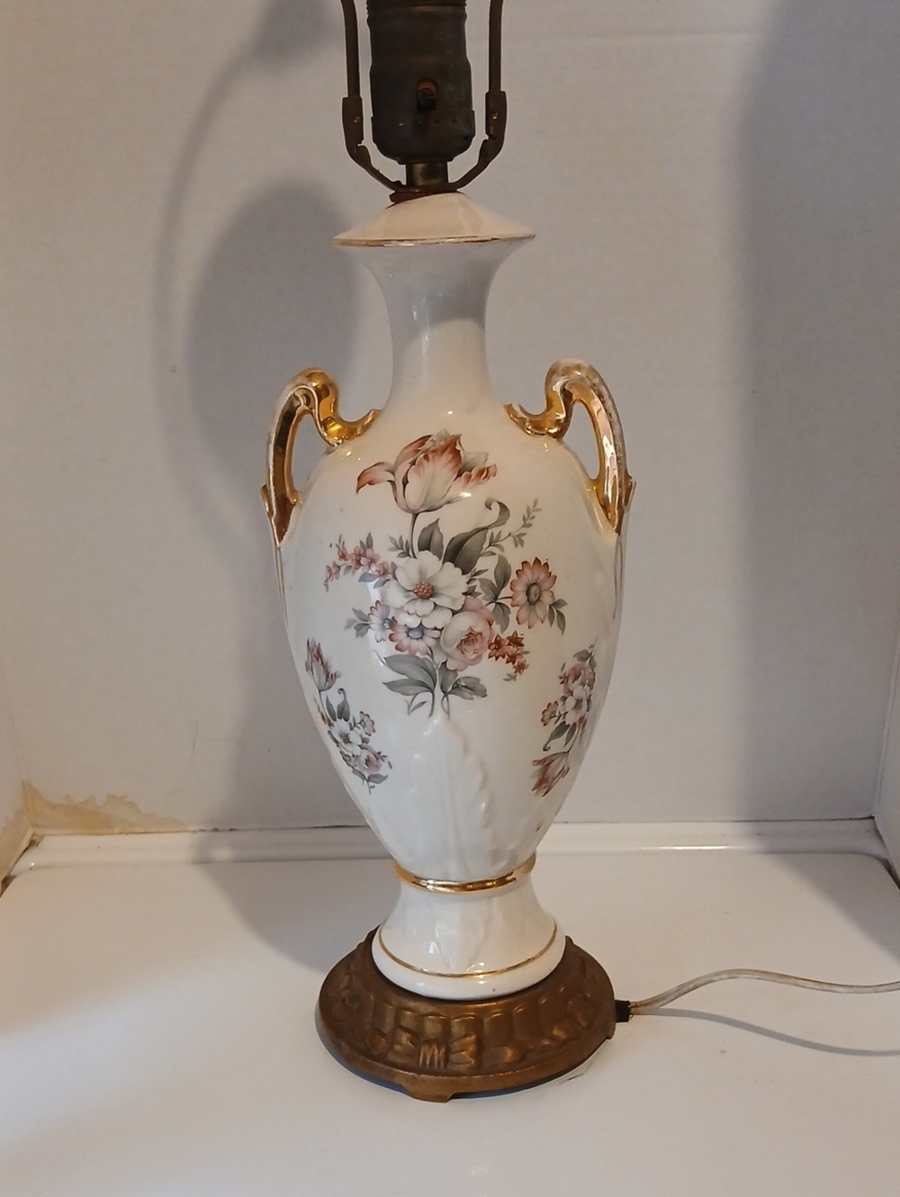 Vintage White Floral Porcelain Lamp with Gold Accents